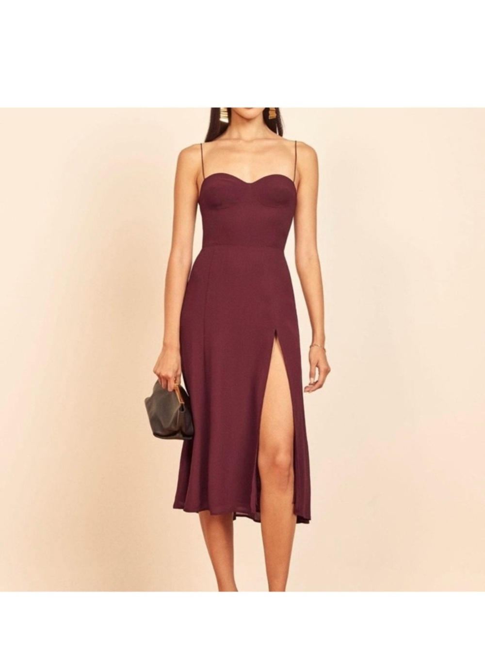 Reformation wine-red satin cami dress with lace-back detail